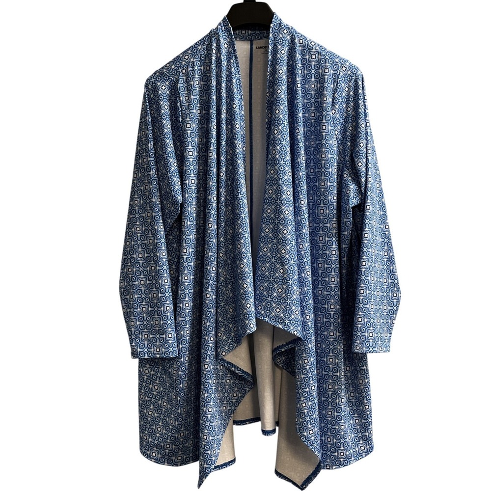 Lands End Cardigan 2X Blue Mixed Floral‎ Jersey Knit Open Front Waterfall Long
